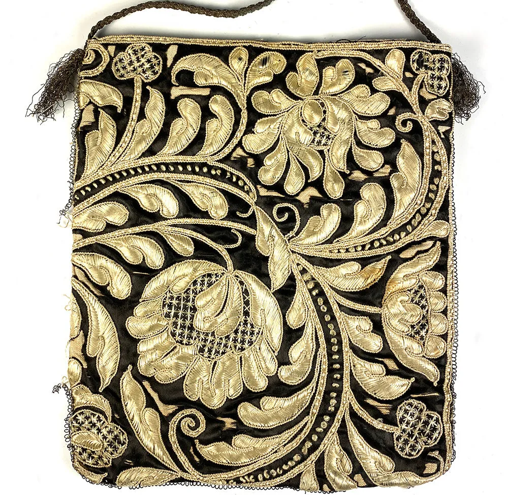 Antique 18th Century Silk Velvet and Hand Embroidered Purse, Bag, Satchel