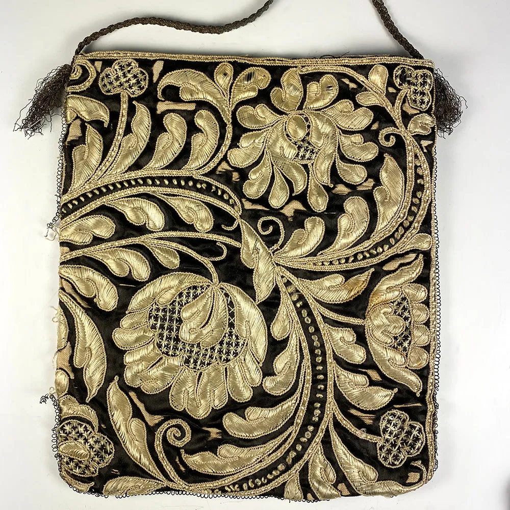 Antique 18th Century Silk Velvet and Hand Embroidered Purse, Bag, Satchel