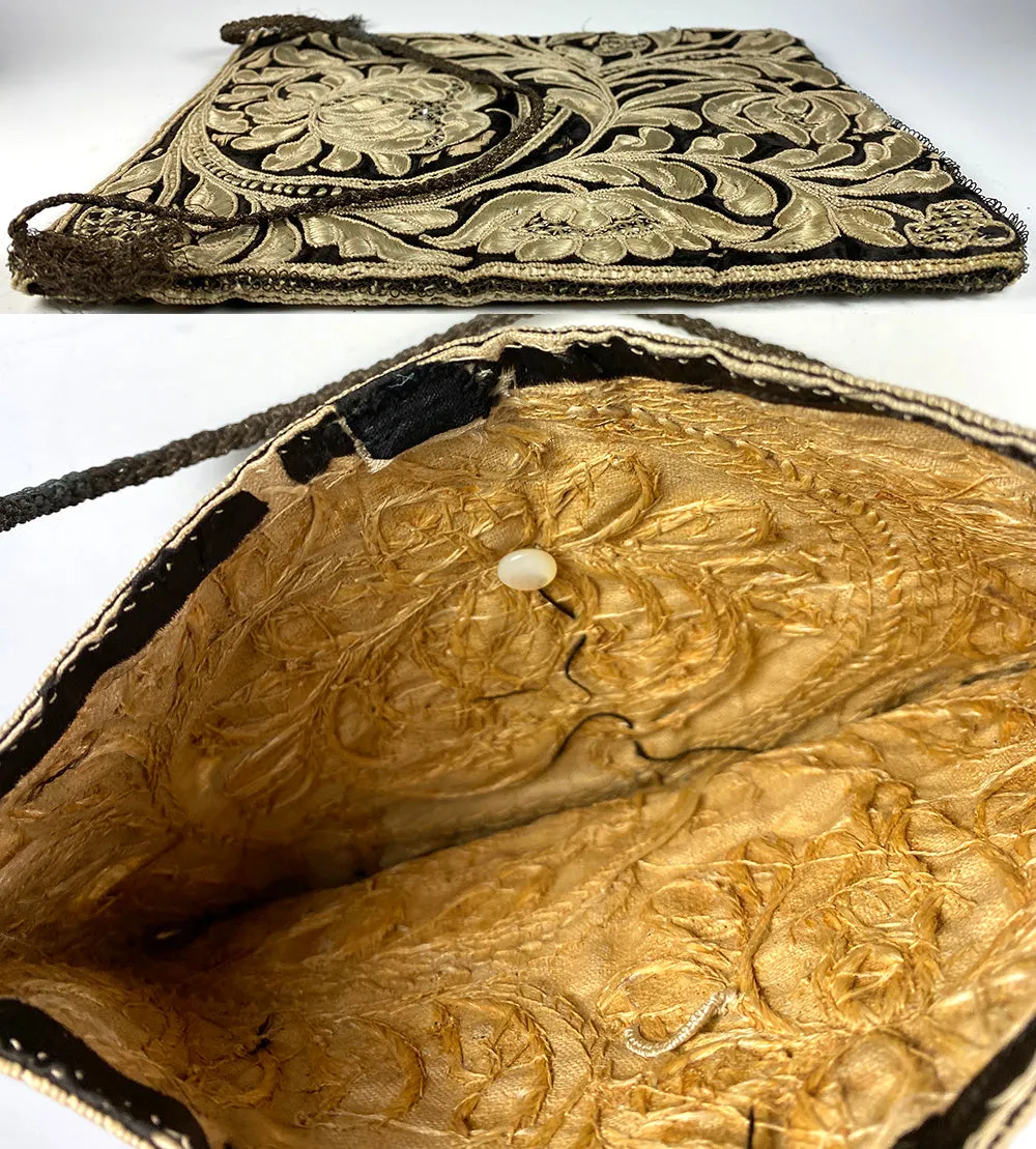Antique 18th Century Silk Velvet and Hand Embroidered Purse, Bag, Satchel