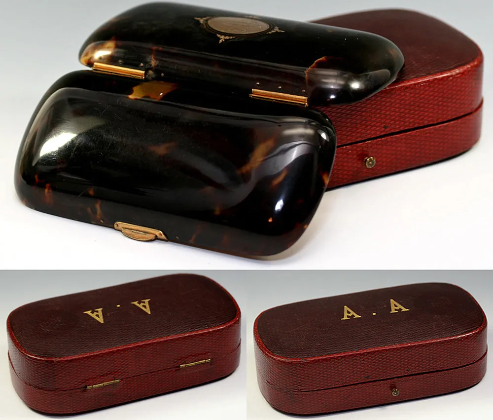 Antique French 18k Gold Pique Tortoise Shell Case, Purse or Cigar - Splendid, with orignal leather case "A A"