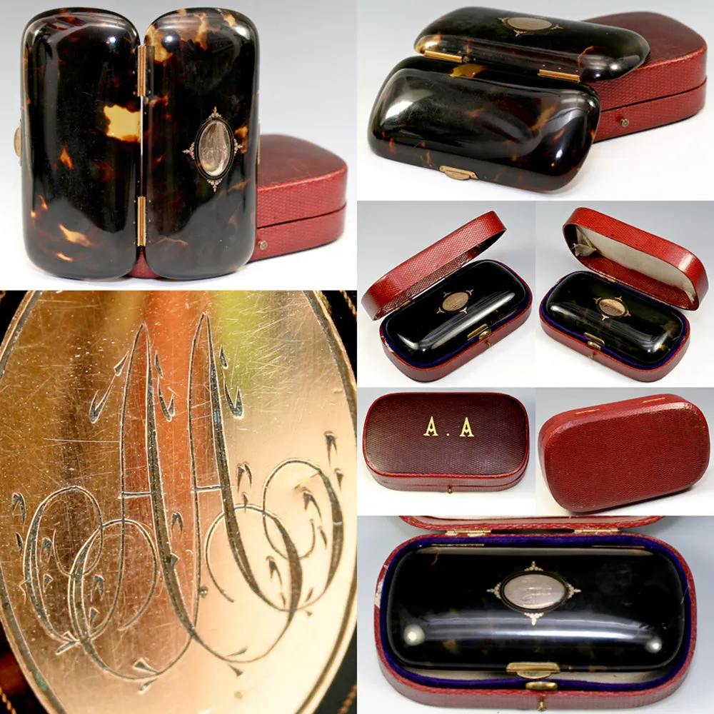 Antique French 18k Gold Pique Tortoise Shell Case, Purse or Cigar - Splendid, with orignal leather case "A A"
