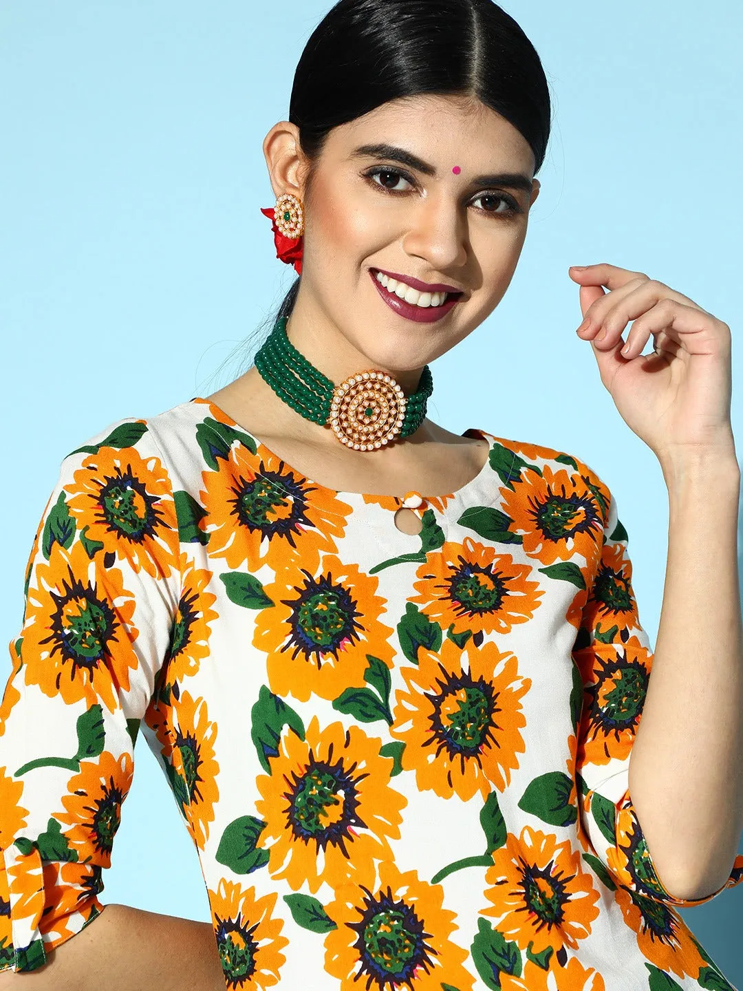 Berrylush Women White & Mustard Yellow Sunflower Printed Keyhole Neck Side-Slited Straight Calf Length Kurta