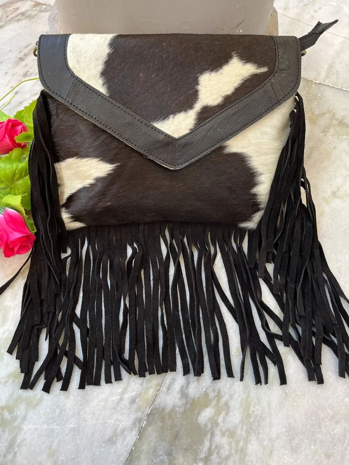 Black White Cowhide Crossbody Bag With Fringes