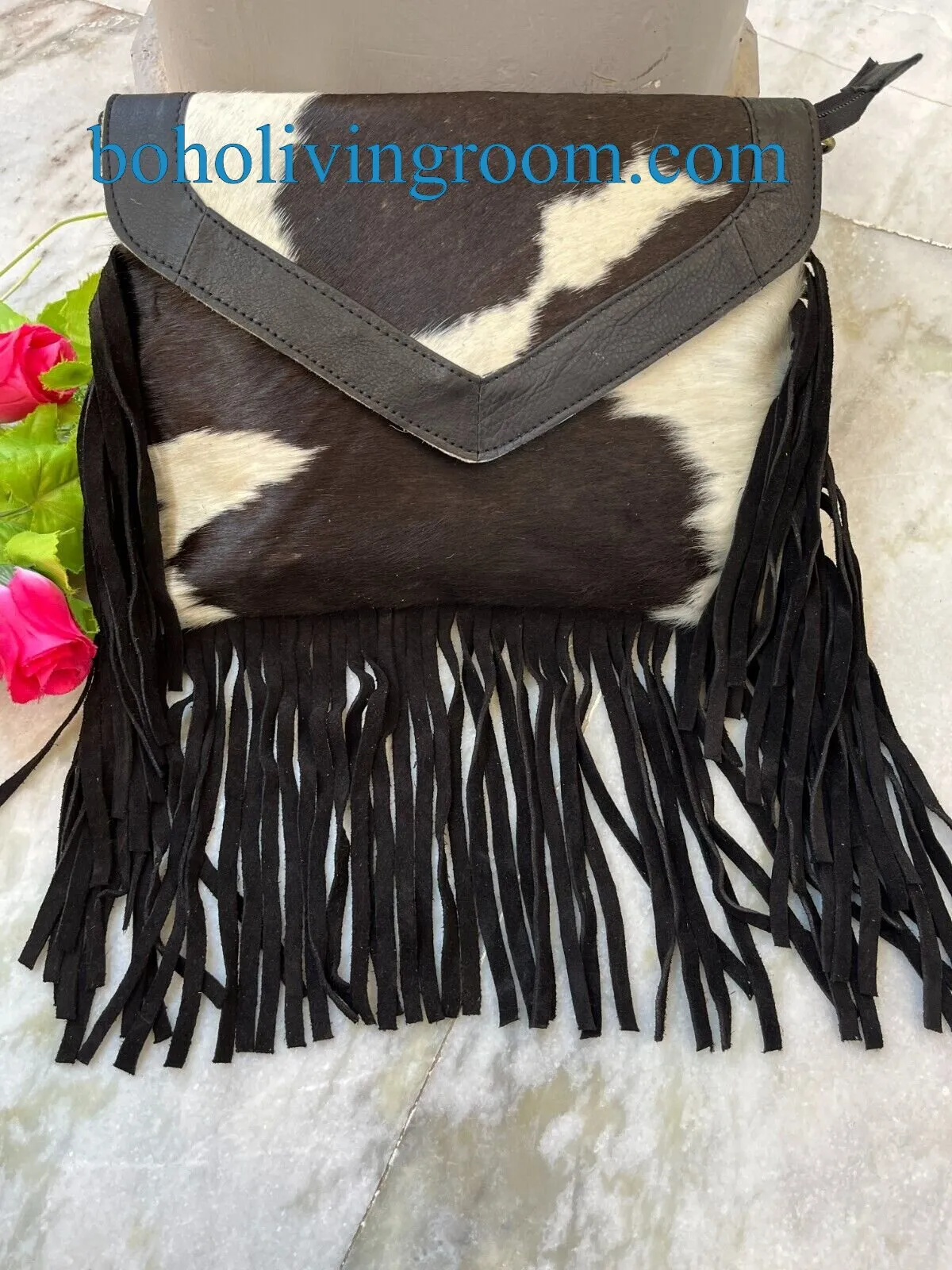 Black White Cowhide Crossbody Bag With Fringes
