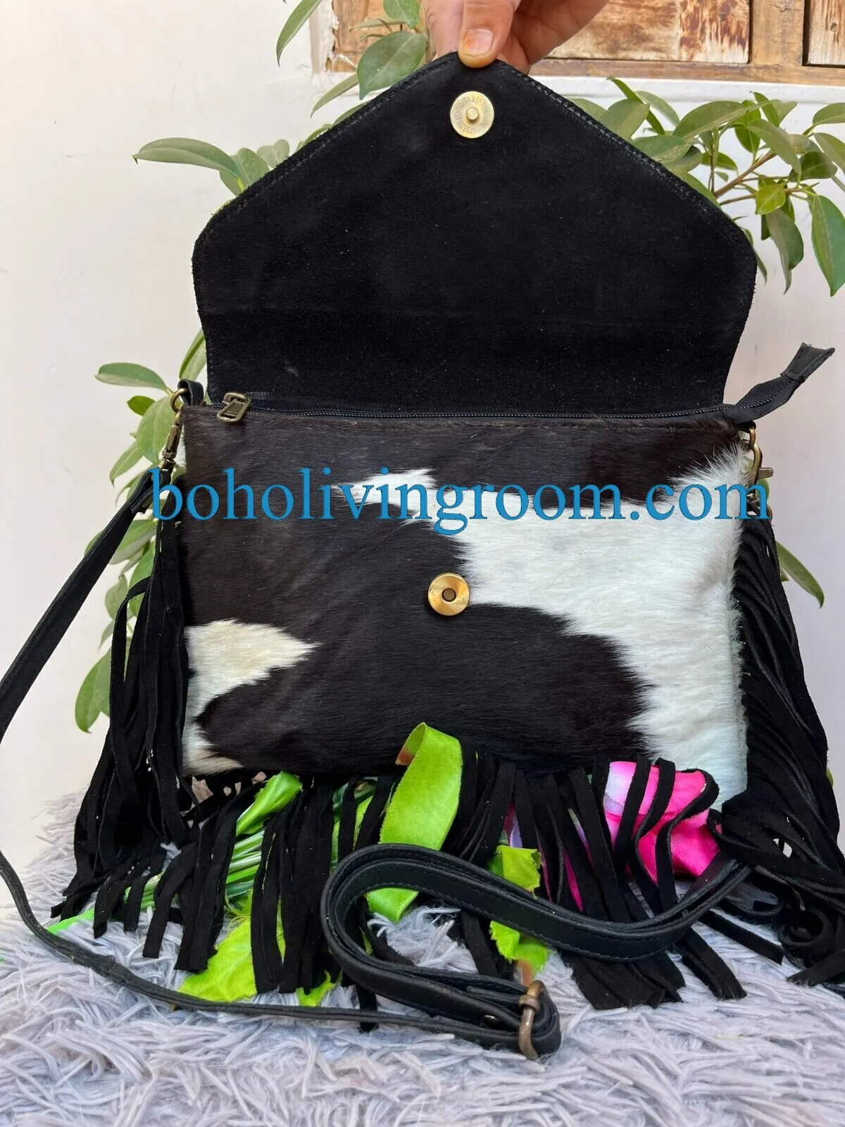 Black White Cowhide Crossbody Bag With Fringes
