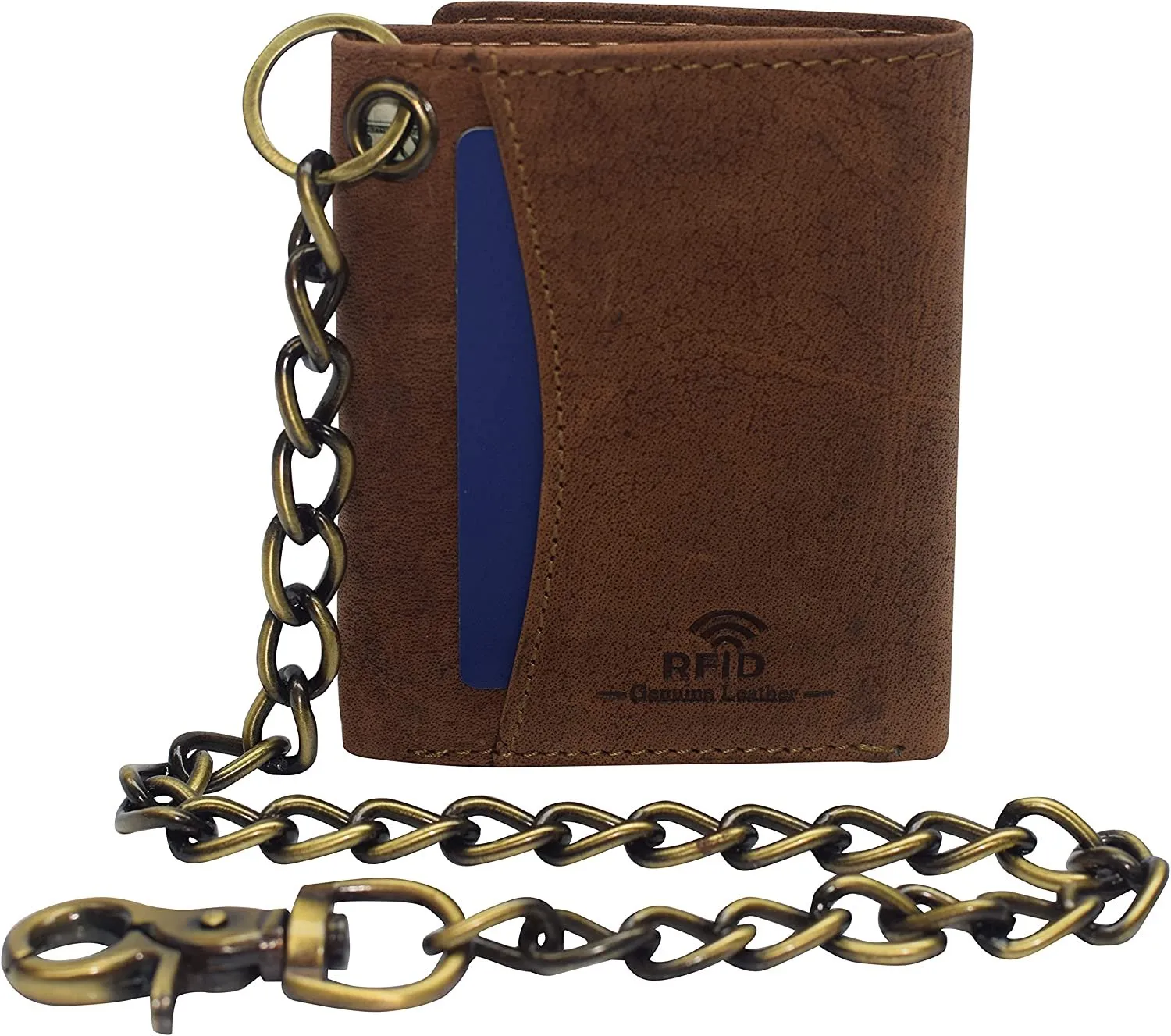 CAZORO Men's RFID Blocking Trifold Vintage Leather Biker Chain Wallet With Snap Closure (Dark Beige)
