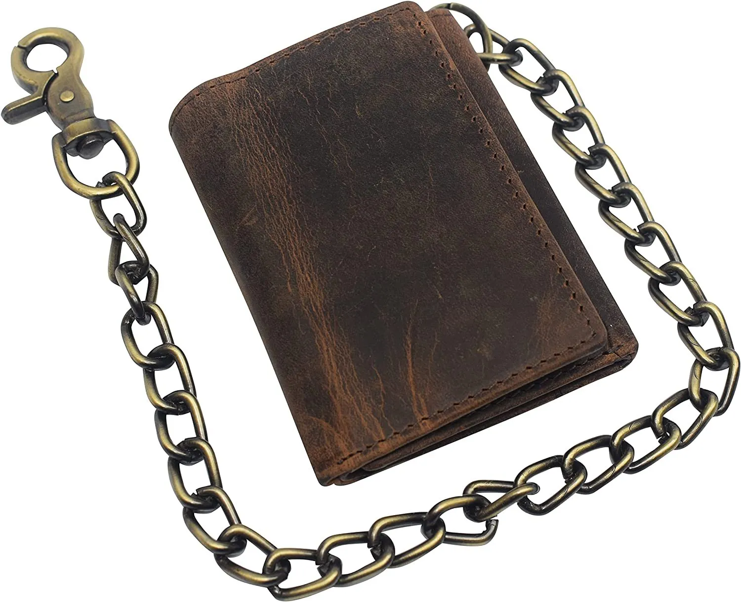 CAZORO Men's RFID Blocking Trifold Vintage Leather Biker Chain Wallet With Snap Closure (Dark Beige)