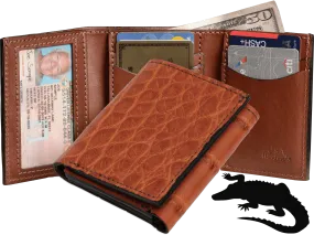 Cognac Alligator Luxury Designer Exotic Trifold Wallet With ID Window