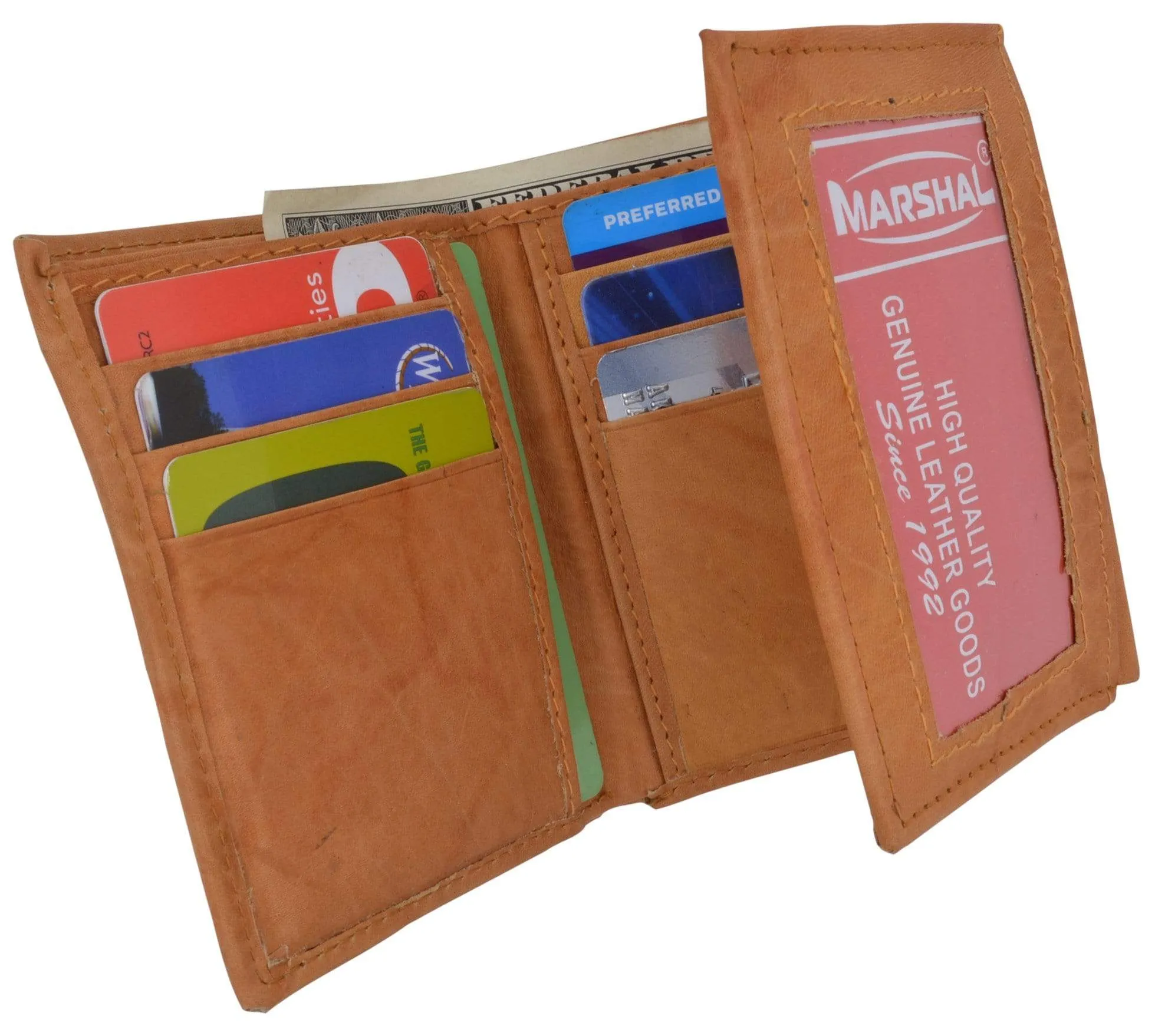 Genuine Cowhide Leather Credit Card Holder with Outside ID Window Trifold Wallet 1355 CF