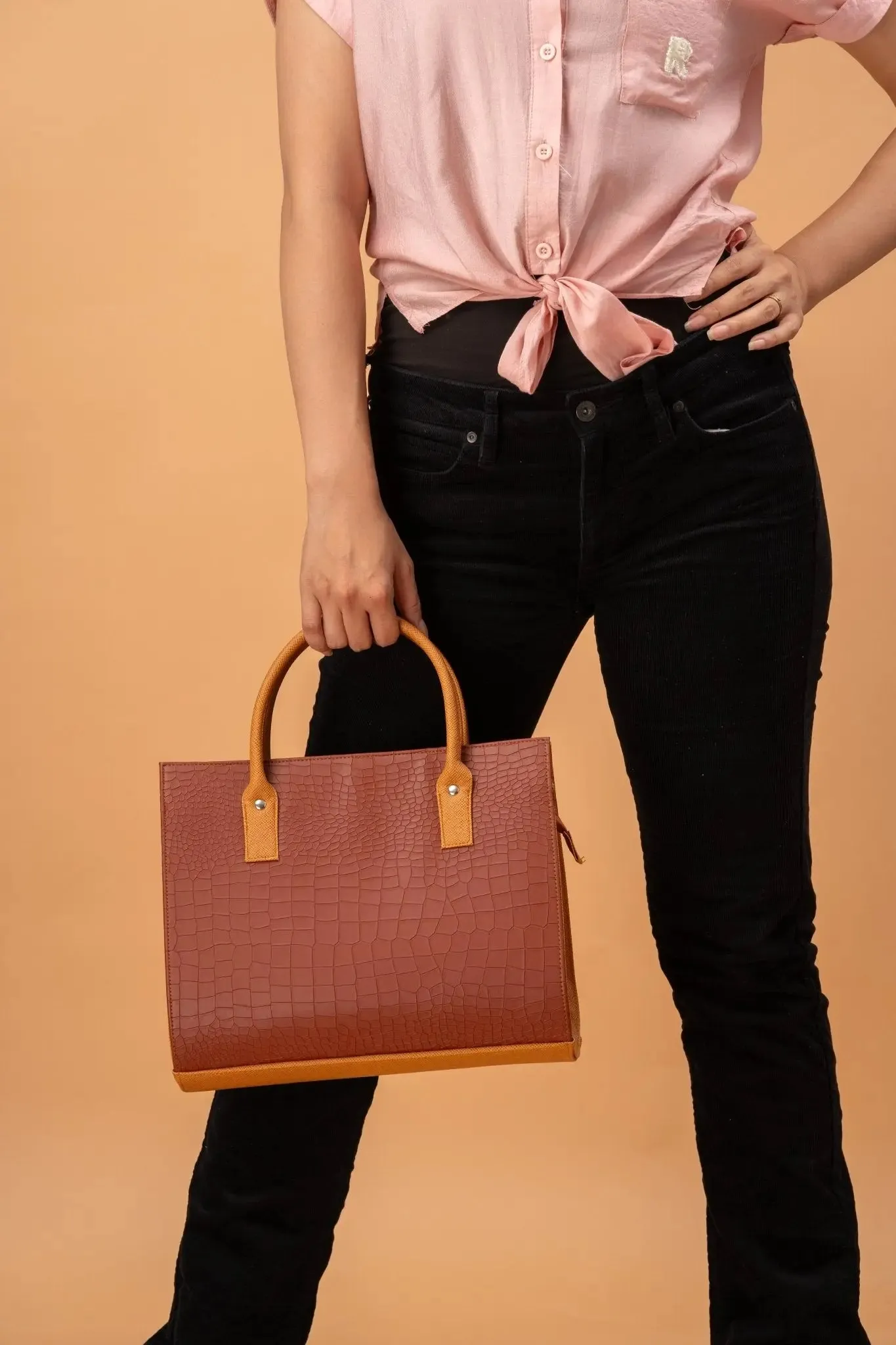 MADELINE Croc Embossed Satchel Bag in Choco Brown