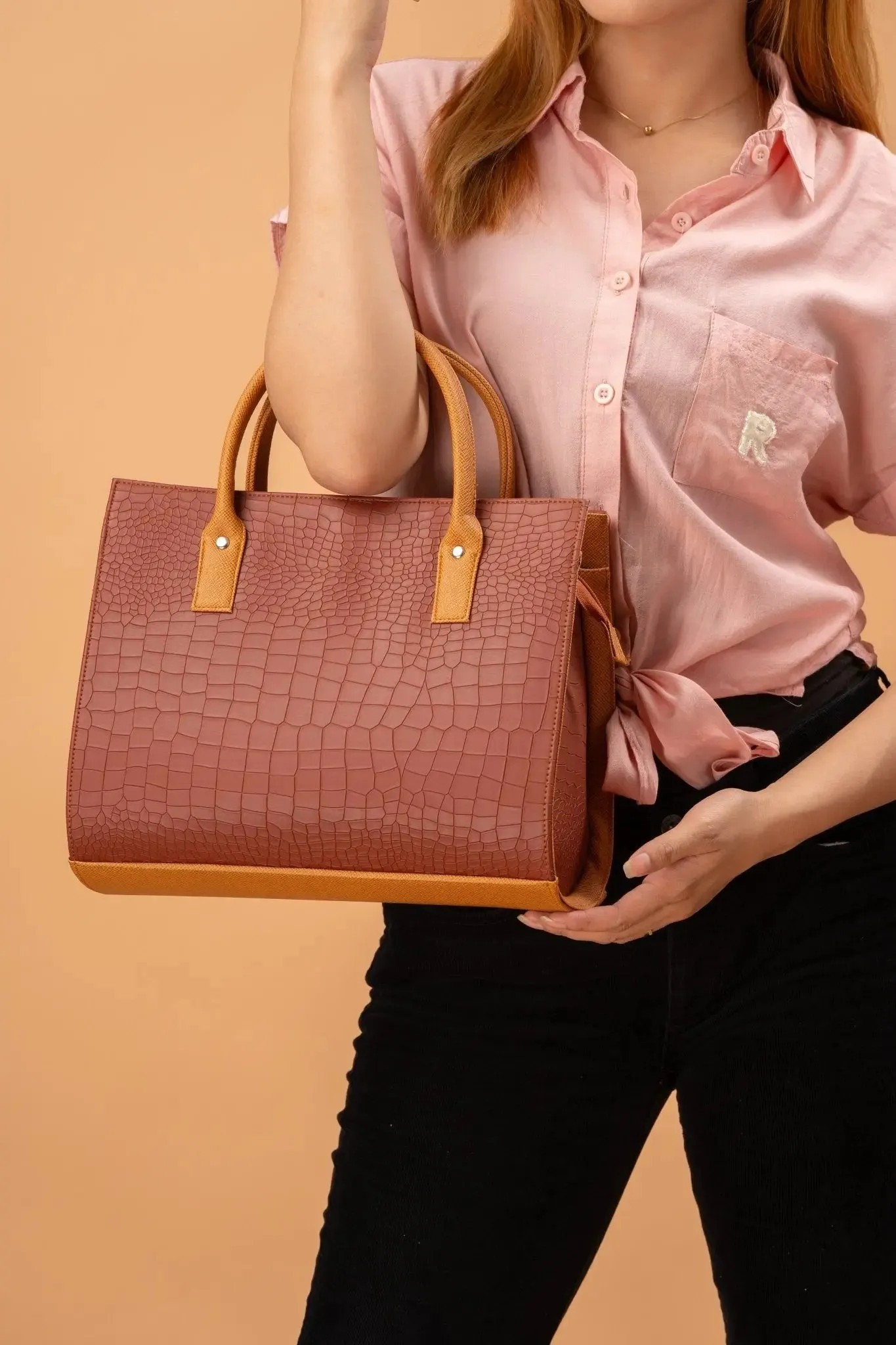 MADELINE Croc Embossed Satchel Bag in Choco Brown