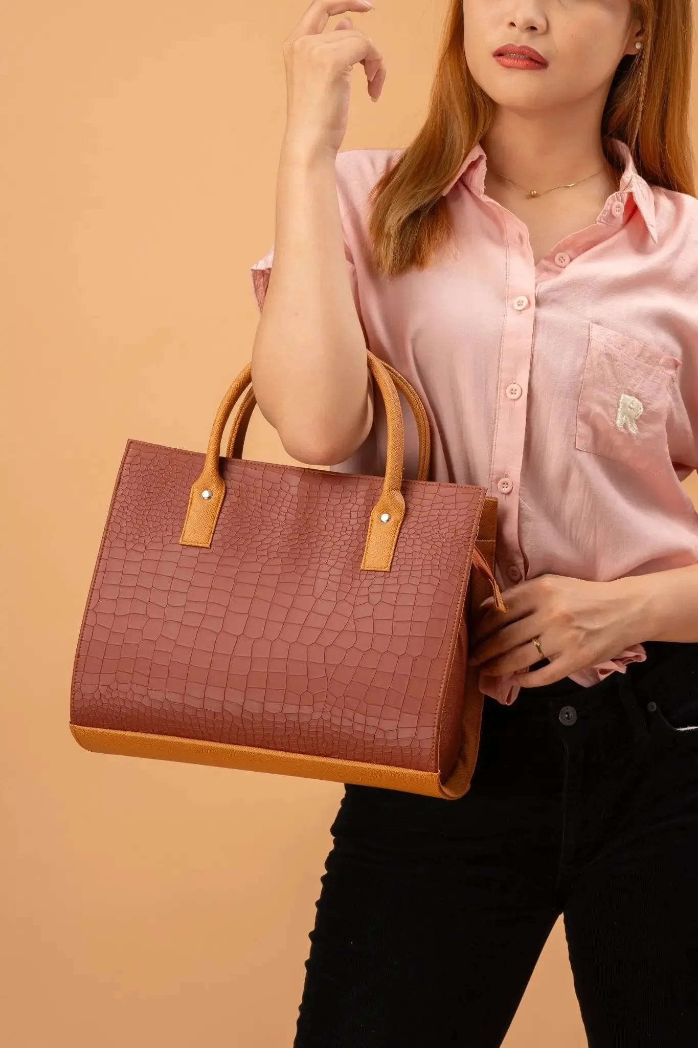 MADELINE Croc Embossed Satchel Bag in Choco Brown