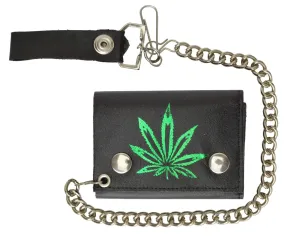 Marijuana Leaf Imprint Genuine Leather Biker Trifold Wallet 946-9 (C)