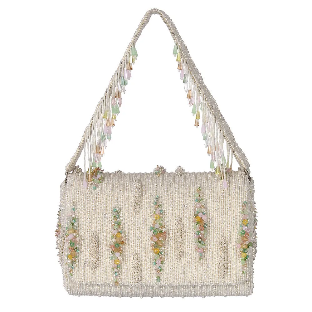 NORA FLAPOVER CLUTCH PRISTINE IVORY MULTI WITH HANDLE