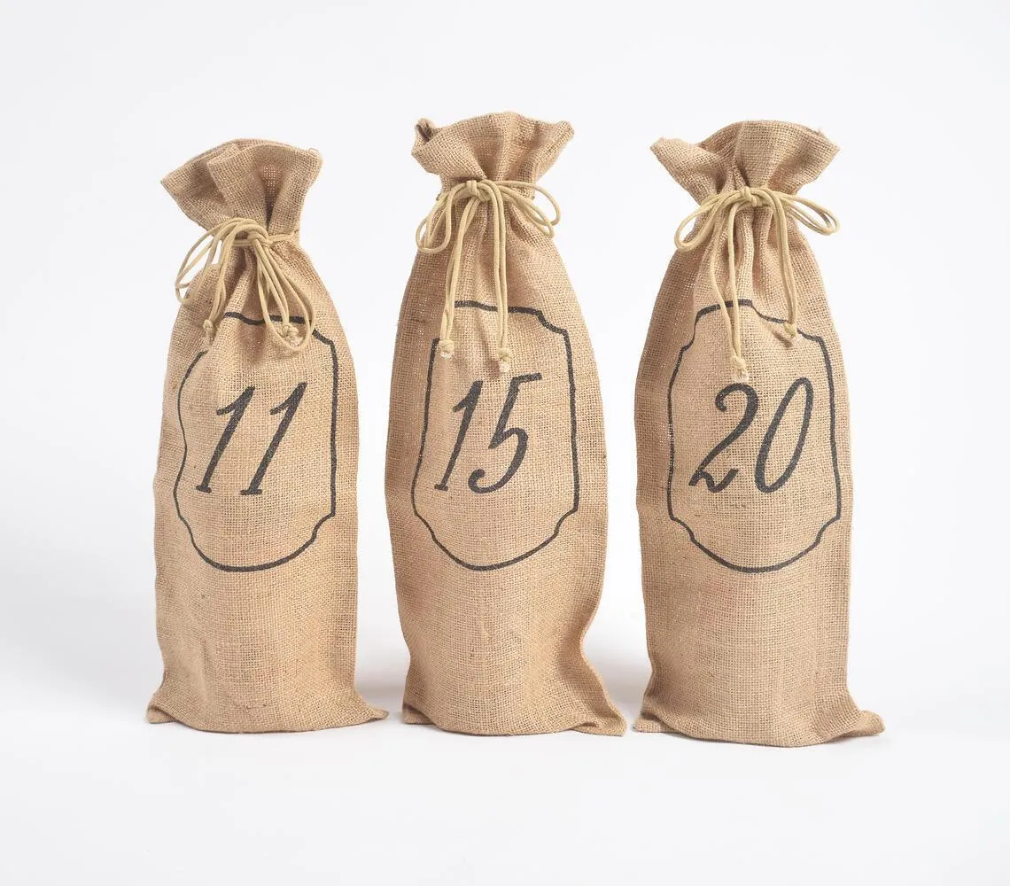 Numeric Drawstring Jute Wine Bags (Set of 3)