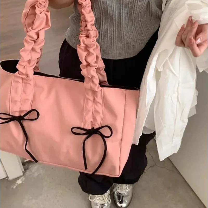 TAVIMART  -  Pink Pleated Womens Tote Bag Nylon Sweet Elegant Gentle Literary Casual Shoulder Bag Aesthetic New Korean Fashion Handbag