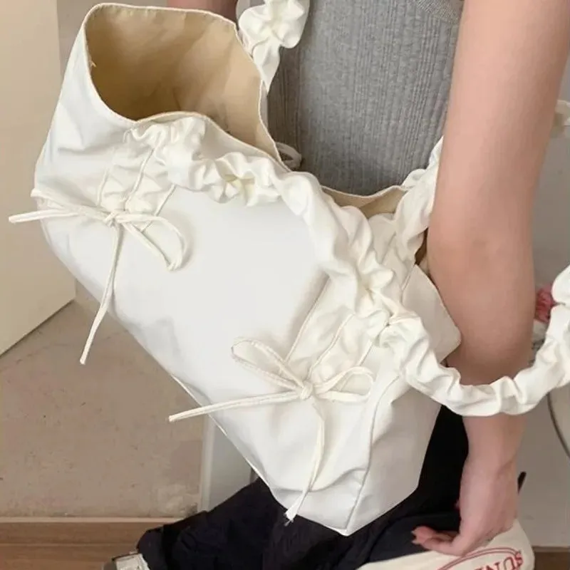TAVIMART  -  Pink Pleated Womens Tote Bag Nylon Sweet Elegant Gentle Literary Casual Shoulder Bag Aesthetic New Korean Fashion Handbag