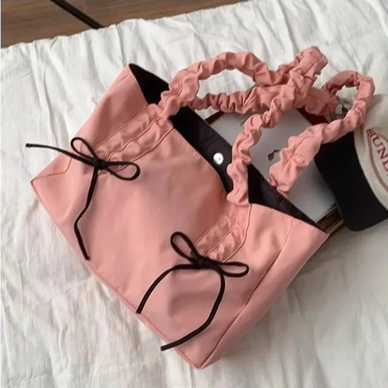 TAVIMART  -  Pink Pleated Womens Tote Bag Nylon Sweet Elegant Gentle Literary Casual Shoulder Bag Aesthetic New Korean Fashion Handbag