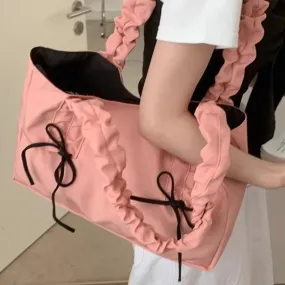 TAVIMART  -  Pink Pleated Womens Tote Bag Nylon Sweet Elegant Gentle Literary Casual Shoulder Bag Aesthetic New Korean Fashion Handbag