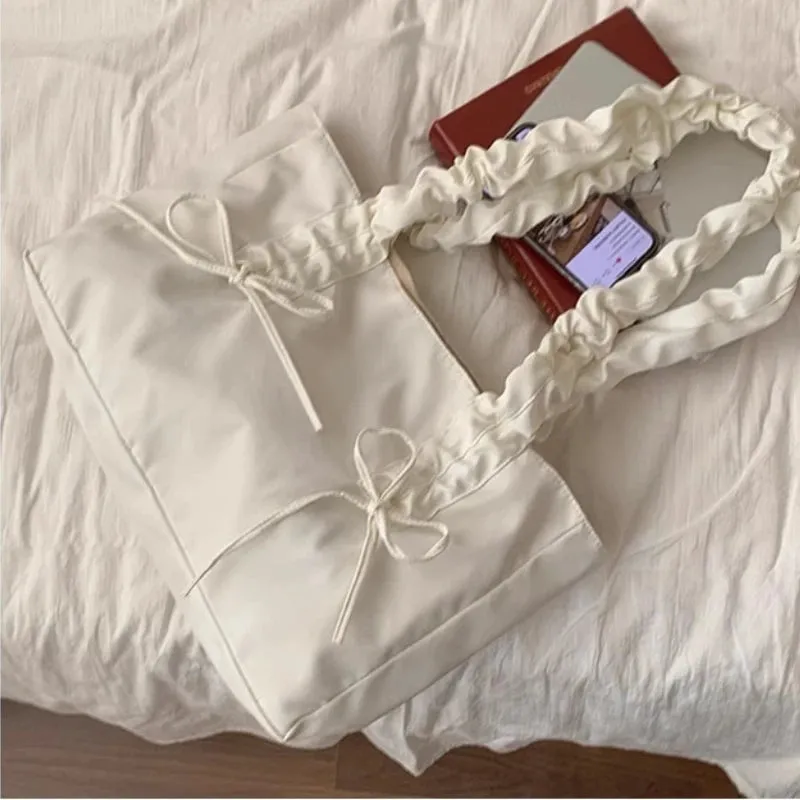 TAVIMART  -  Pink Pleated Womens Tote Bag Nylon Sweet Elegant Gentle Literary Casual Shoulder Bag Aesthetic New Korean Fashion Handbag