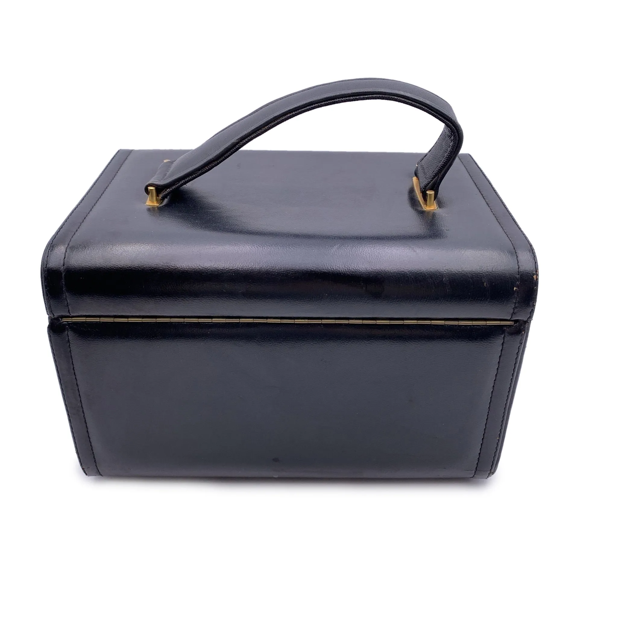 Vintage Black Leather Travel Train Case Beauty Vanity Bag