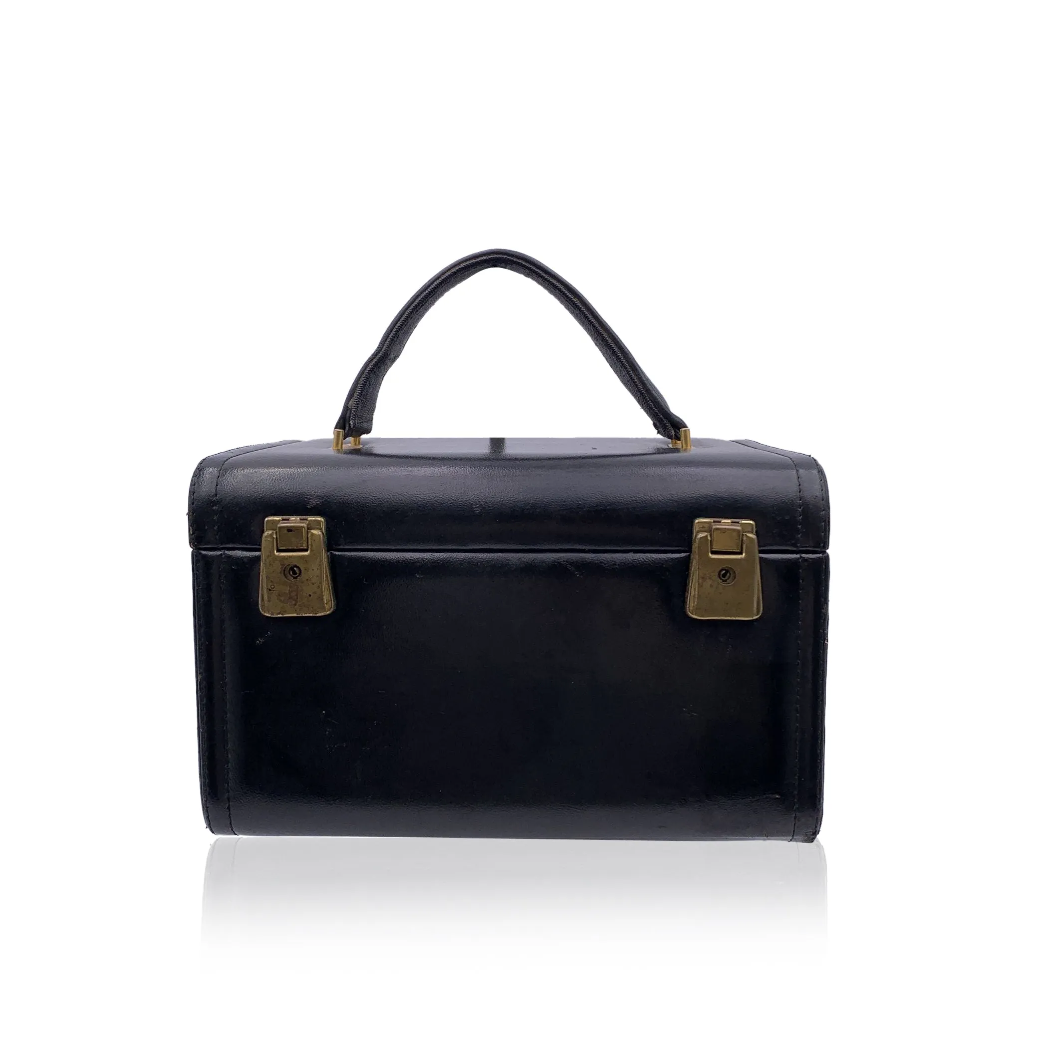 Vintage Black Leather Travel Train Case Beauty Vanity Bag