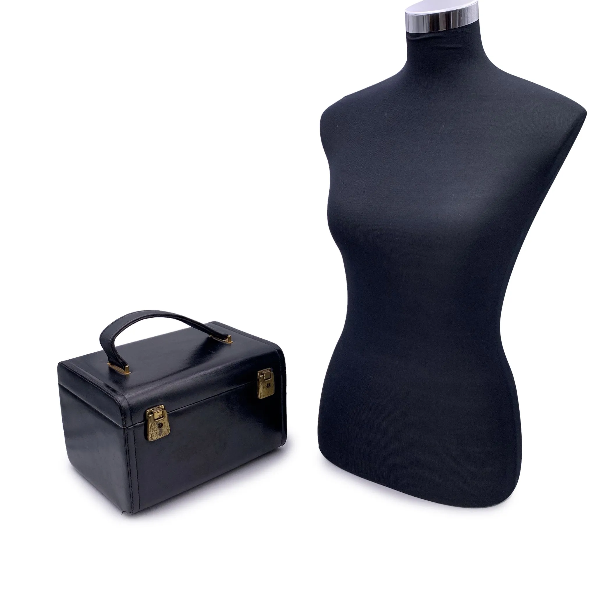 Vintage Black Leather Travel Train Case Beauty Vanity Bag