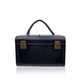 Vintage Black Leather Travel Train Case Beauty Vanity Bag
