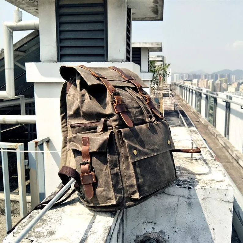 Waxed Canvas School Backpack Large Capacity Travel Backpack Men's Hiking Rucksack Christmas Gifts