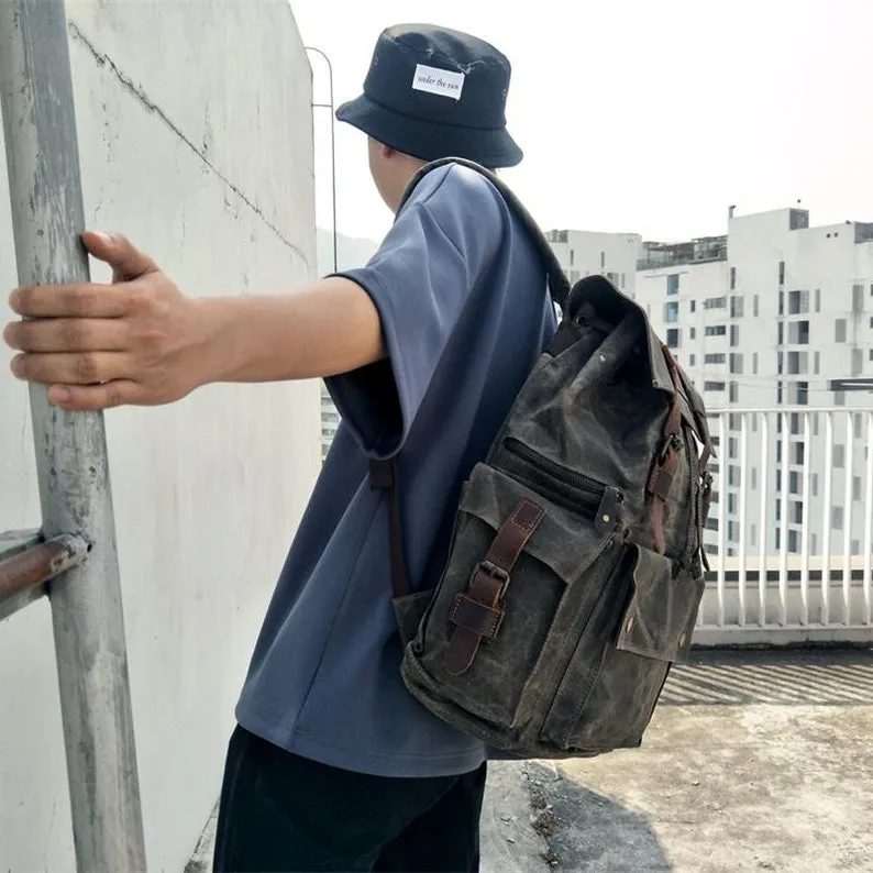 Waxed Canvas School Backpack Large Capacity Travel Backpack Men's Hiking Rucksack Christmas Gifts