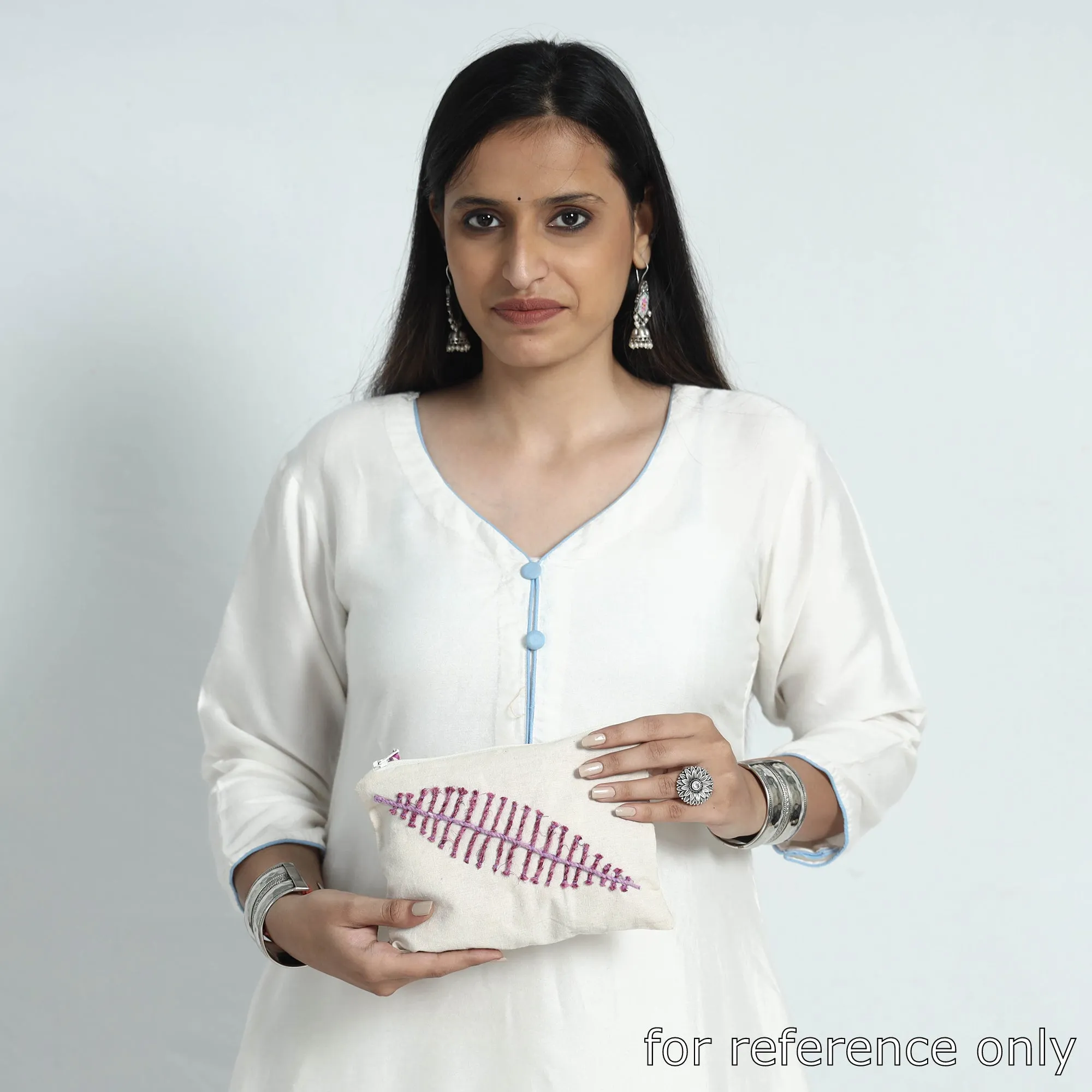 White - Handcrafted Cotton Recycled Leaf Design Cosmetic Pouch