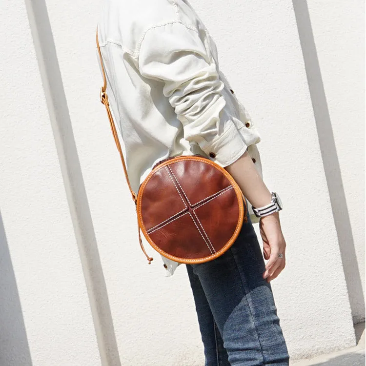 Womens Leather Circle Bag Round Purse Small Crossbody Purse for Women