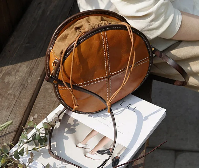 Womens Leather Circle Bag Round Purse Small Crossbody Purse for Women
