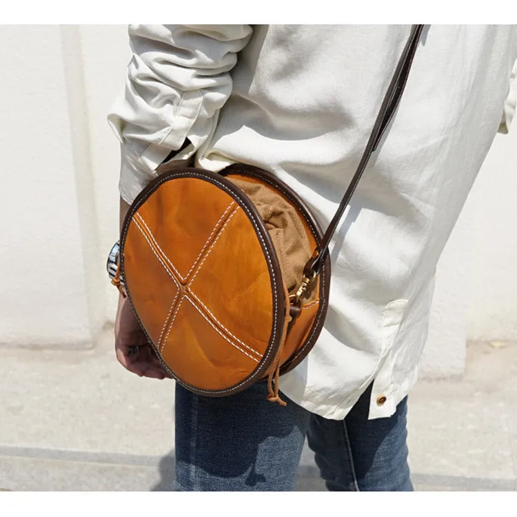 Womens Leather Circle Bag Round Purse Small Crossbody Purse for Women