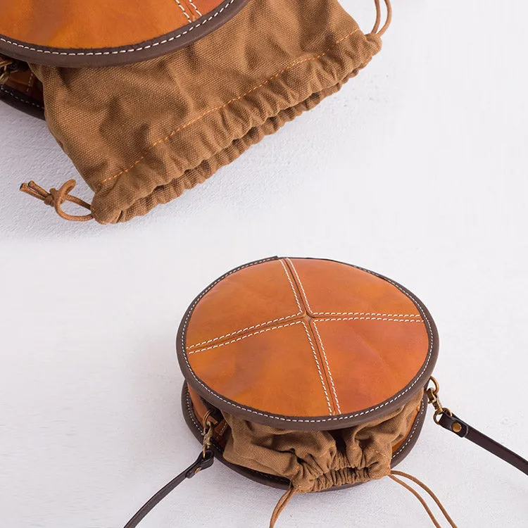 Womens Leather Circle Bag Round Purse Small Crossbody Purse for Women