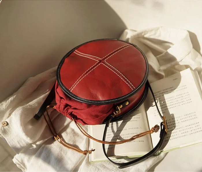 Womens Leather Circle Bag Round Purse Small Crossbody Purse for Women