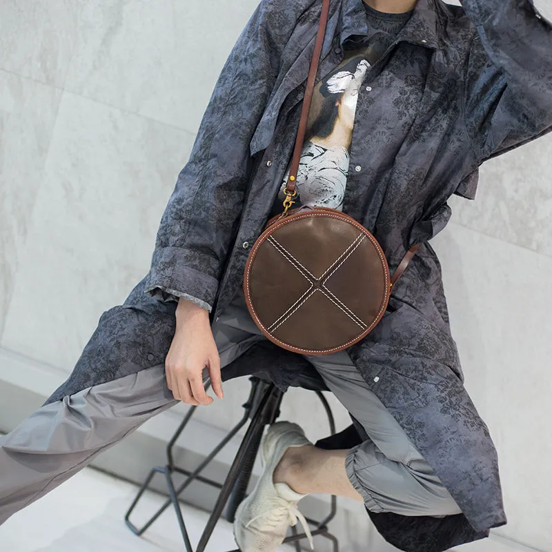 Womens Leather Circle Bag Round Purse Small Crossbody Purse for Women
