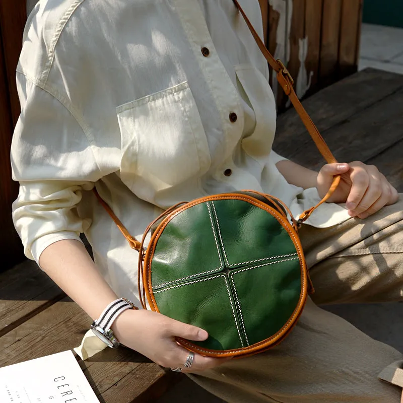 Womens Leather Circle Bag Round Purse Small Crossbody Purse for Women