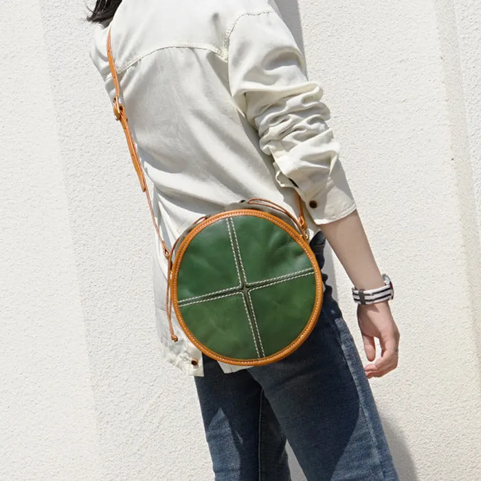 Womens Leather Circle Bag Round Purse Small Crossbody Purse for Women