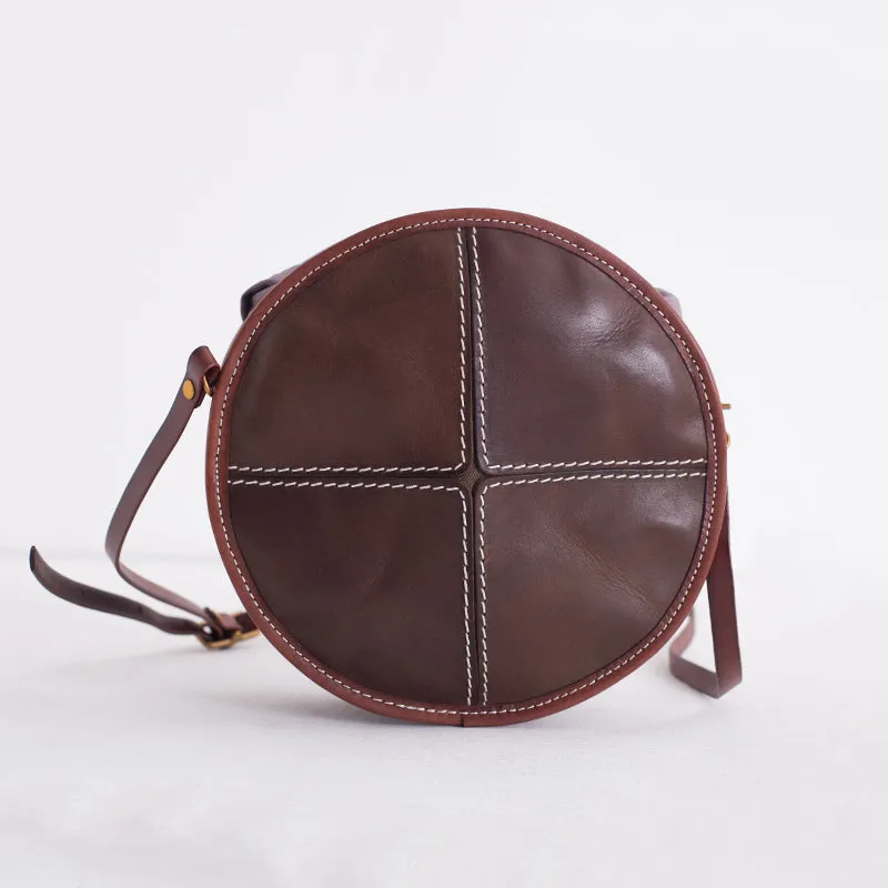 Womens Leather Circle Bag Round Purse Small Crossbody Purse for Women