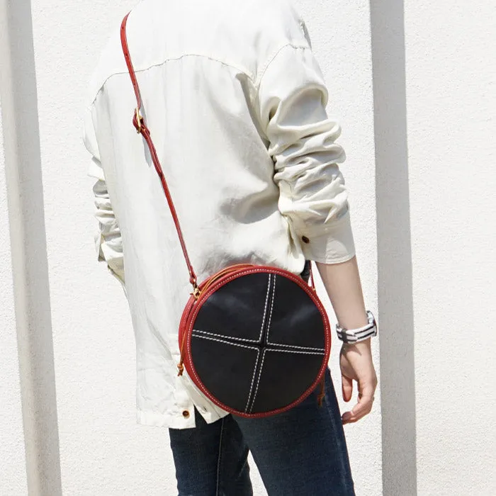 Womens Leather Circle Bag Round Purse Small Crossbody Purse for Women