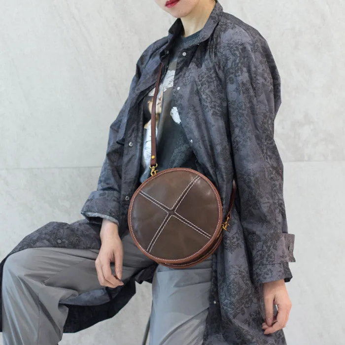 Womens Leather Circle Bag Round Purse Small Crossbody Purse for Women