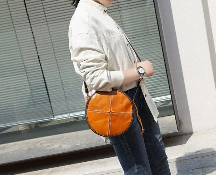 Womens Leather Circle Bag Round Purse Small Crossbody Purse for Women