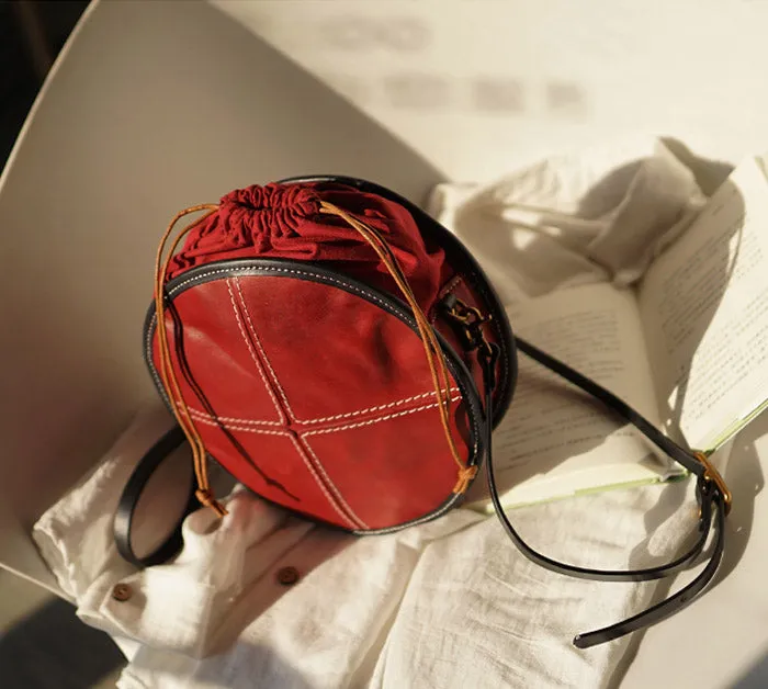 Womens Leather Circle Bag Round Purse Small Crossbody Purse for Women