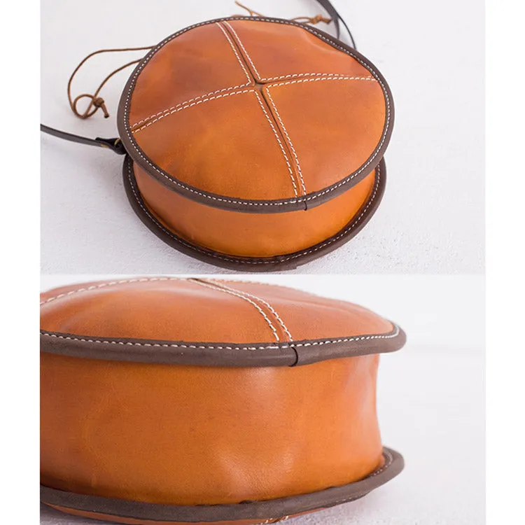 Womens Leather Circle Bag Round Purse Small Crossbody Purse for Women