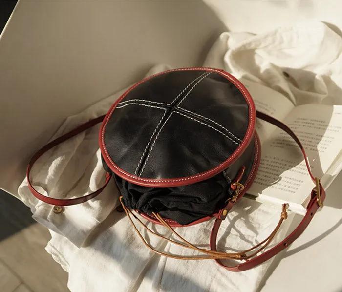 Womens Leather Circle Bag Round Purse Small Crossbody Purse for Women