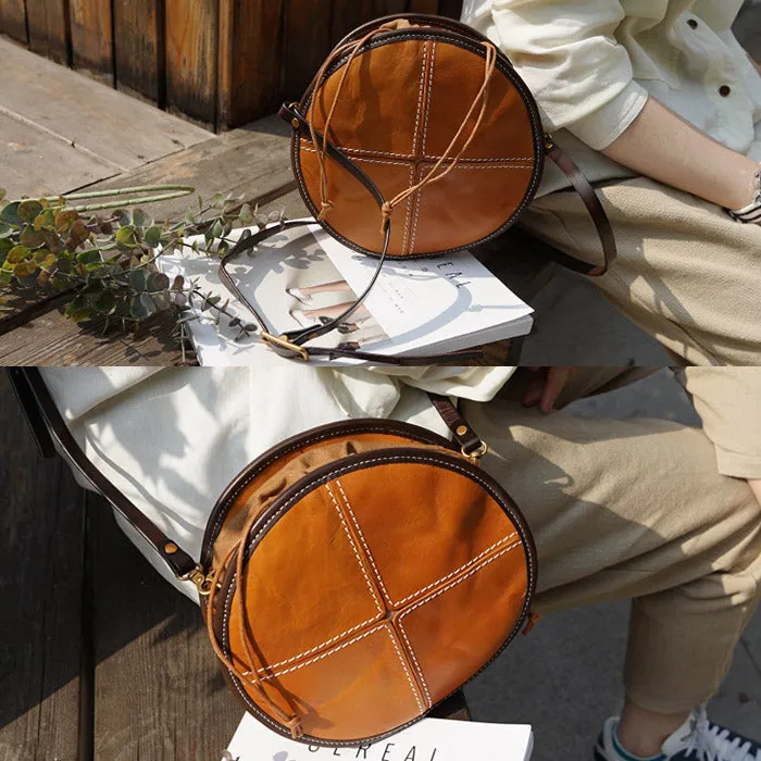 Womens Leather Circle Bag Round Purse Small Crossbody Purse for Women