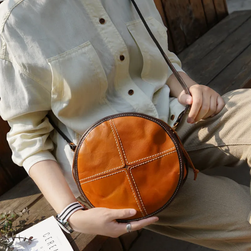 Womens Leather Circle Bag Round Purse Small Crossbody Purse for Women