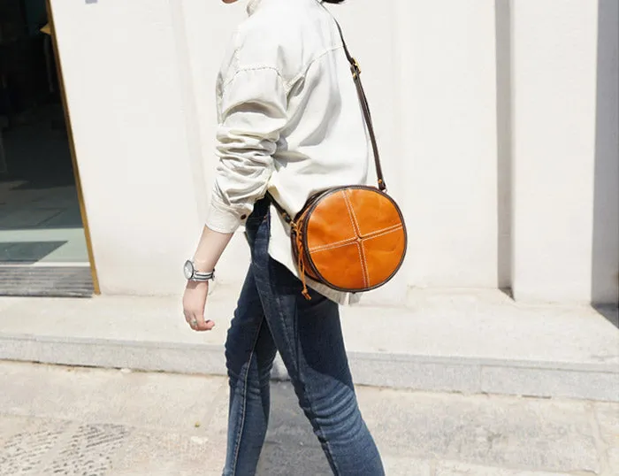 Womens Leather Circle Bag Round Purse Small Crossbody Purse for Women