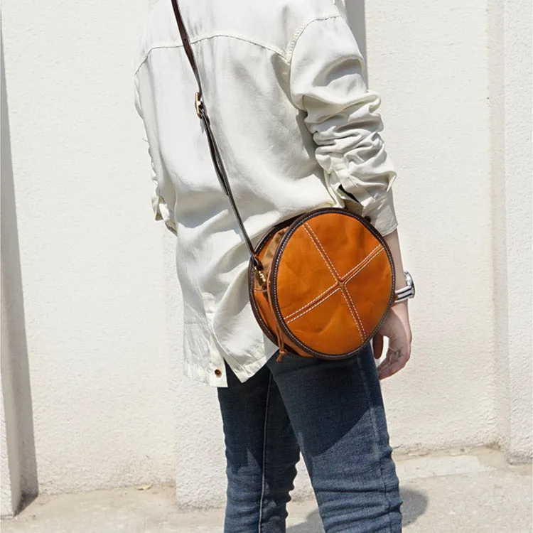Womens Leather Circle Bag Round Purse Small Crossbody Purse for Women